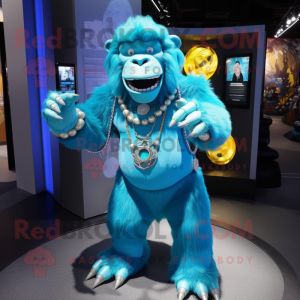 Cyan Gorilla mascot costume character dressed with a Mini Skirt and Bracelets