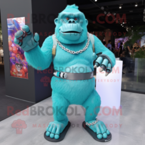 Cyan Gorilla mascot costume character dressed with a Mini Skirt and Bracelets