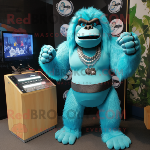 Cyan Gorilla mascot costume character dressed with a Mini Skirt and Bracelets