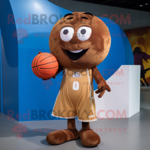 Brown Basketball Ball mascot costume character dressed with a Windbreaker and Lapel pins