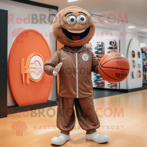 Brown Basketball Ball mascot costume character dressed with a Windbreaker and Lapel pins