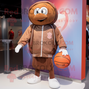 Brown Basketball Ball mascot costume character dressed with a Windbreaker and Lapel pins