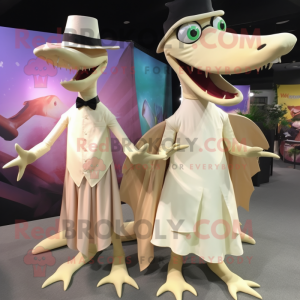 Cream Pterodactyl mascot costume character dressed with a Maxi Dress and Ties
