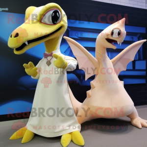 Cream Pterodactyl mascot costume character dressed with a Maxi Dress and Ties