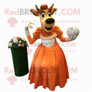 Orange Guernsey Cow mascot costume character dressed with a Ball Gown and Gloves