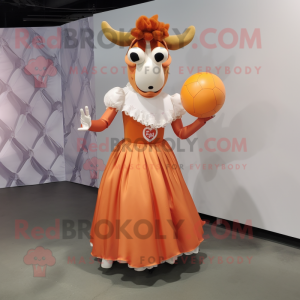 Orange Guernsey Cow mascot costume character dressed with a Ball Gown and Gloves