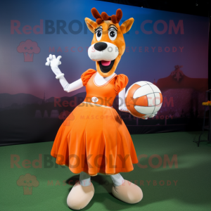 Orange Guernsey Cow mascot costume character dressed with a Ball Gown and Gloves