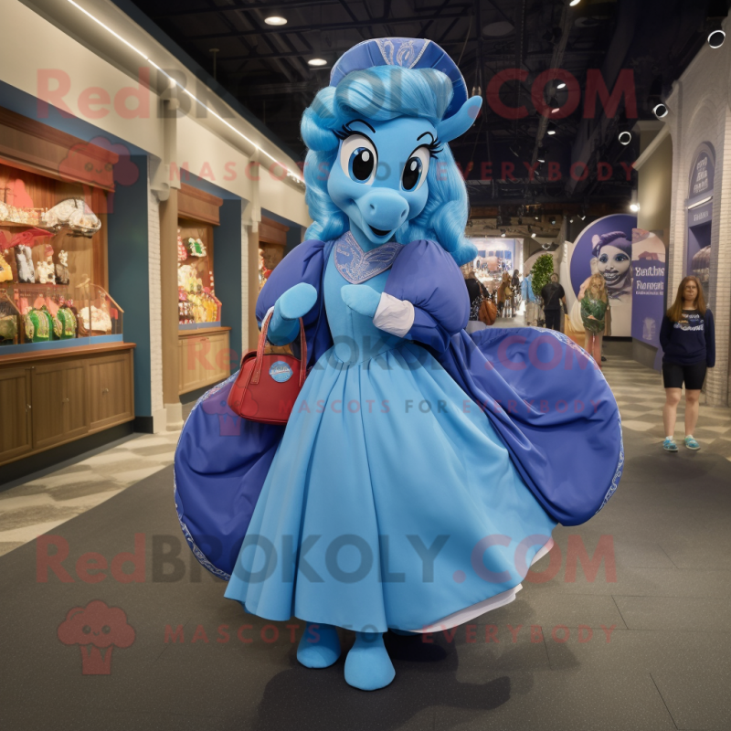 Blue Horseshoe mascot costume character dressed with a Ball Gown and Backpacks Blue Horseshoe mascot costume character dressed with a Ball Gown and Backpacks