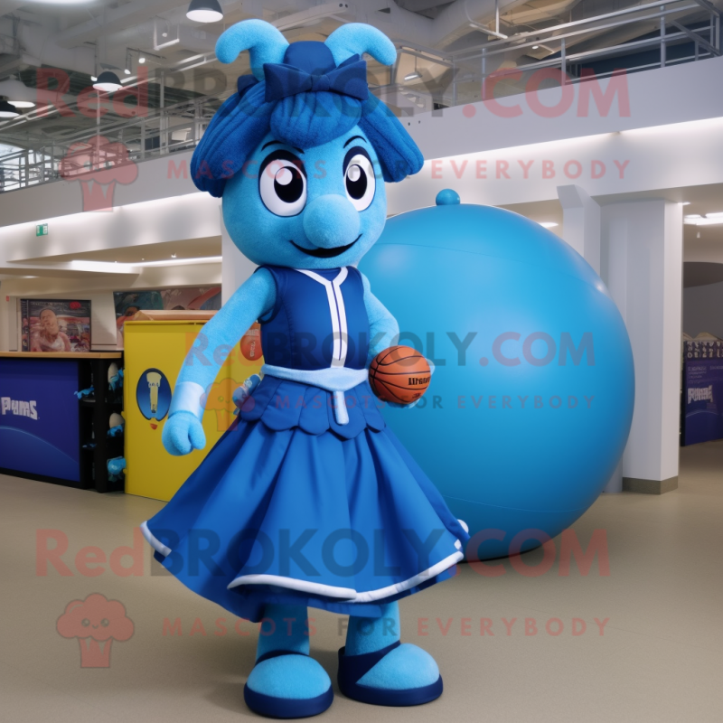Blue Horseshoe mascot costume character dressed with a Ball Gown and Backpacks Blue Horseshoe mascot costume character dressed with a Ball Gown and Backpacks