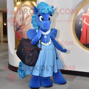 Blue Horseshoe mascot costume character dressed with a Ball Gown and Backpacks