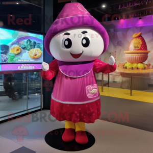 Magenta Dim Sum mascot costume character dressed with a Mini Dress and Beanies