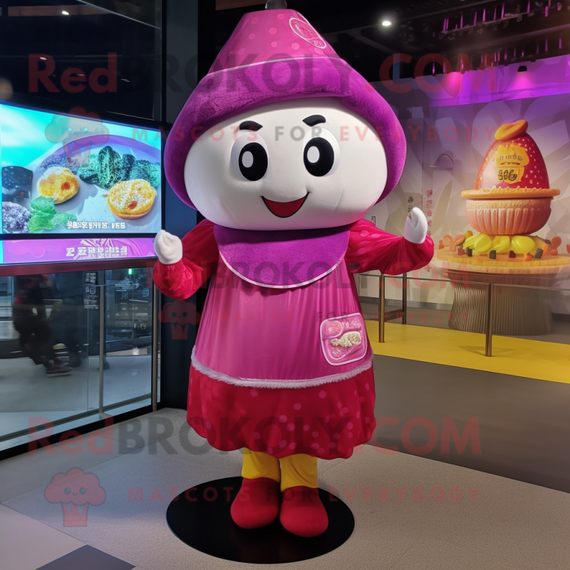 Magenta Dim Sum mascot costume character dressed with a Mini Dress and Beanies