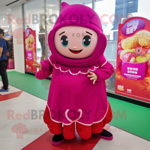 Magenta Dim Sum mascot costume character dressed with a Mini Dress and Beanies