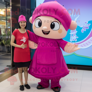 Magenta Dim Sum mascot costume character dressed with a Mini Dress and Beanies