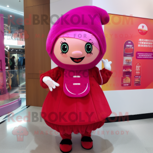 Magenta Dim Sum mascot costume character dressed with a Mini Dress and Beanies