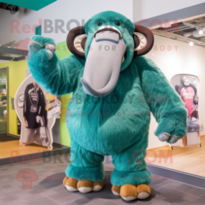 Teal Mammoth mascot costume character dressed with a Romper and Belts