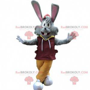 Mascotte de lapin gris avec de grandes oreilles, costume de