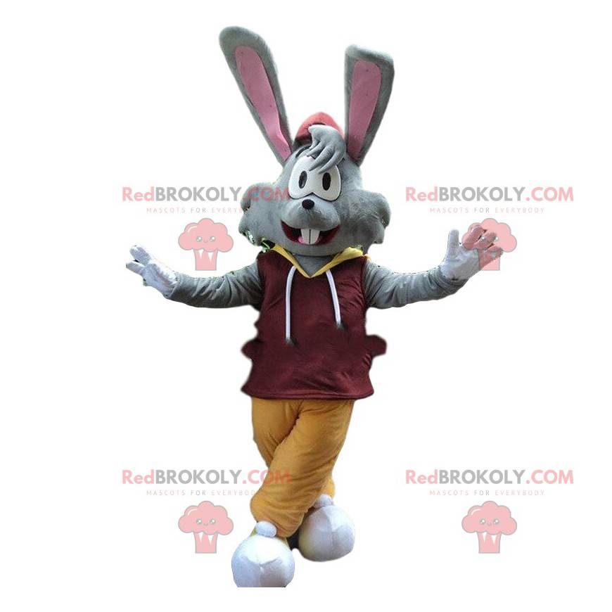 Mascotte coniglio grigio con grandi orecchie, costume da