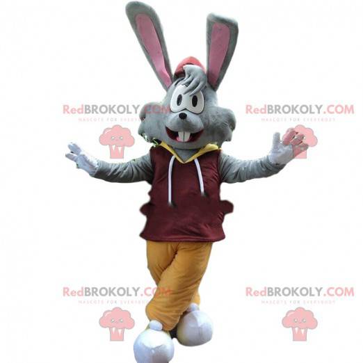 Gray rabbit mascot with big ears, rabbit costume -