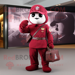 Maroon Air Force Soldier mascot costume character dressed with a Suit and Clutch bags