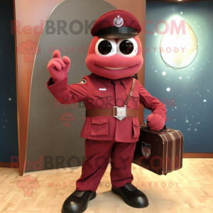 Maroon Air Force Soldier mascot costume character dressed with a Suit and Clutch bags