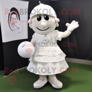 White Golf Ball mascot costume character dressed with a Empire Waist Dress and Messenger bags