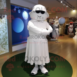 White Golf Ball mascot costume character dressed with a Empire Waist Dress and Messenger bags