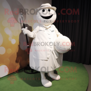 White Golf Ball mascot costume character dressed with a Empire Waist Dress and Messenger bags