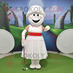 White Golf Ball mascot costume character dressed with a Empire Waist Dress and Messenger bags