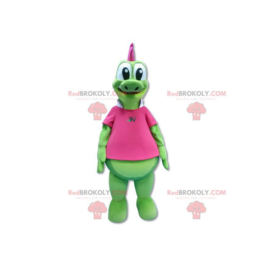 Grünes Drachenmaskottchen mit rosa Wappen - Redbrokoly.com