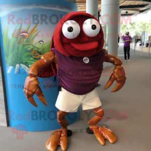 Maroon Hermit Crab mascot costume character dressed with a Board Shorts and Cufflinks