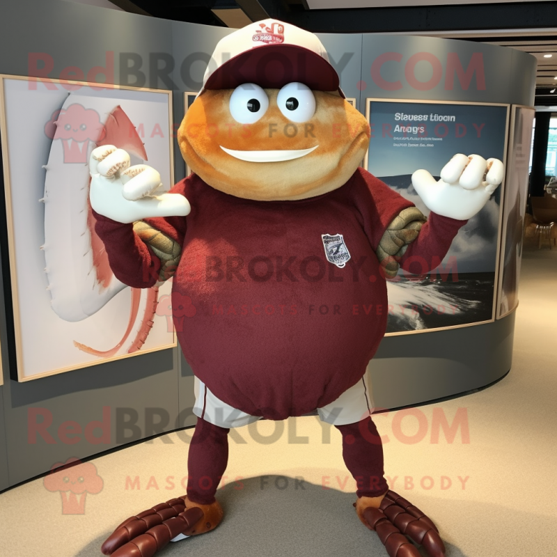 Maroon Hermit Crab mascot costume character dressed with a Board Shorts and Cufflinks Maroon Hermit Crab mascot costume character dressed with a Board Shorts and Cufflinks