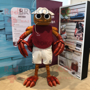 Maroon Hermit Crab mascot costume character dressed with a Board Shorts and Cufflinks