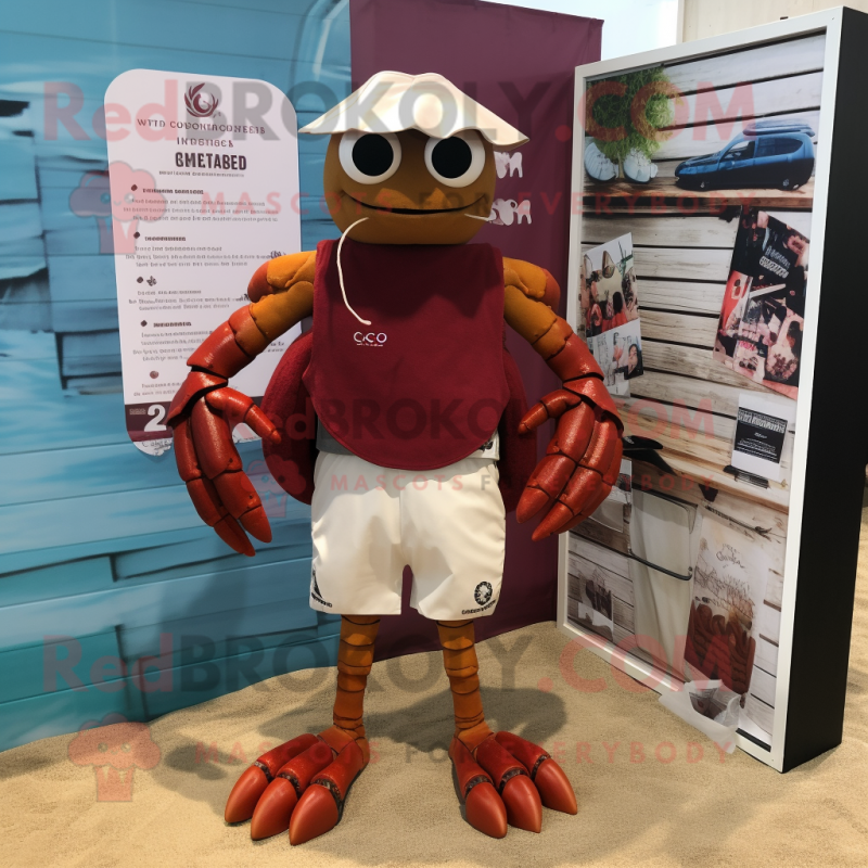 Maroon Hermit Crab mascot costume character dressed with a Board Shorts and Cufflinks