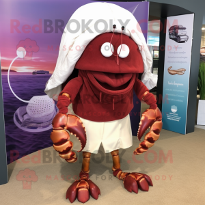 Maroon Hermit Crab mascot costume character dressed with a Board Shorts and Cufflinks