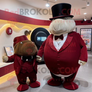 Maroon Glyptodon mascot costume character dressed with a Tuxedo and Coin purses