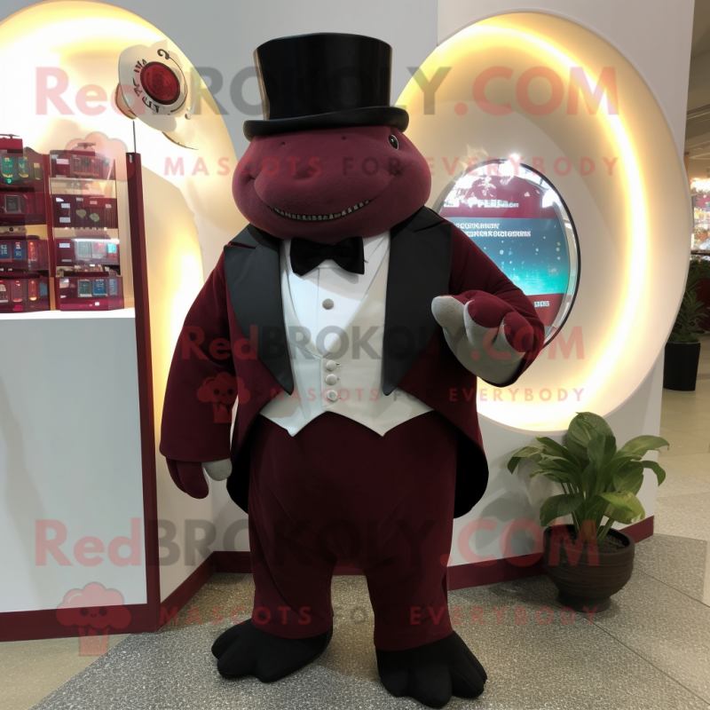Maroon Glyptodon mascot costume character dressed with a Tuxedo and Coin purses Maroon Glyptodon mascot costume character dressed with a Tuxedo and Coin purses