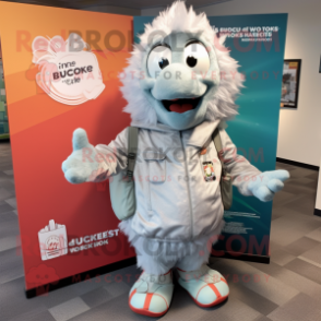 Silver Chicken Parmesan mascot costume character dressed with a Jacket and Backpacks