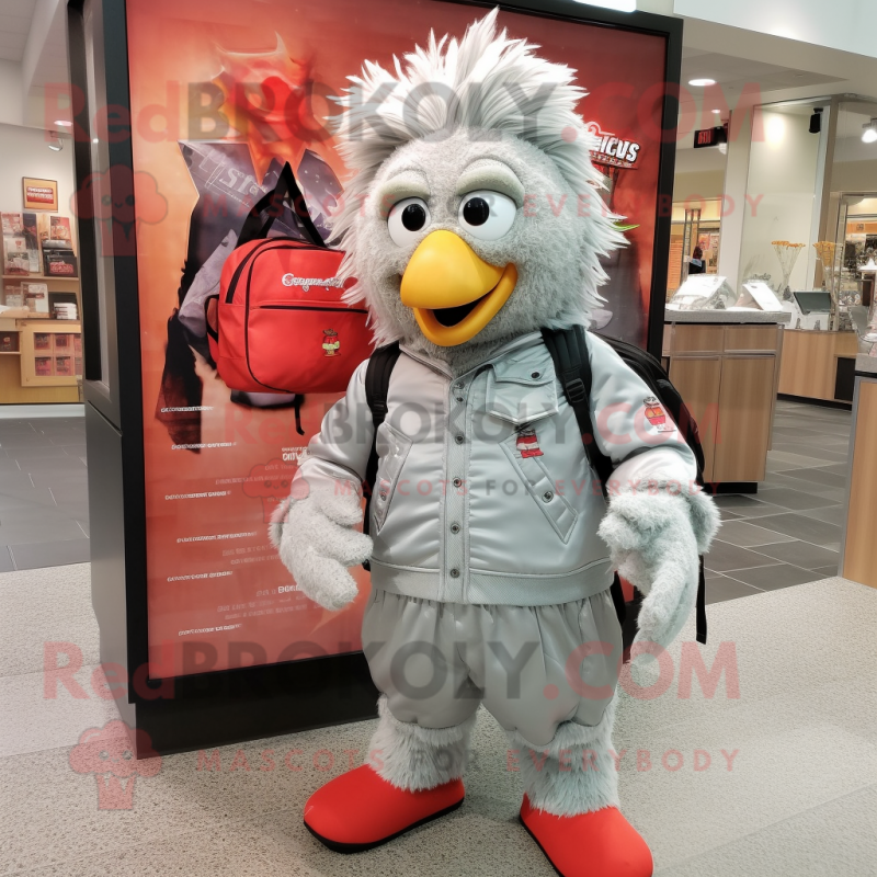 Silver Chicken Parmesan mascot costume character dressed with a Jacket and Backpacks