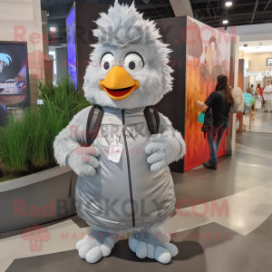 Silver Chicken Parmesan mascot costume character dressed with a Jacket and Backpacks