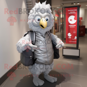 Silver Chicken Parmesan mascot costume character dressed with a Jacket and Backpacks