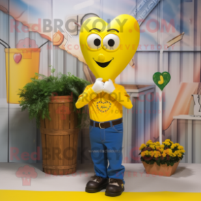 Yellow Arrow Of Love mascot costume character dressed with a Bootcut Jeans and Shoe clips
