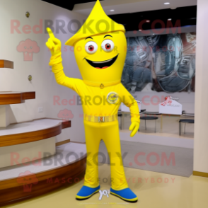 Yellow Arrow Of Love mascot costume character dressed with a Bootcut Jeans and Shoe clips