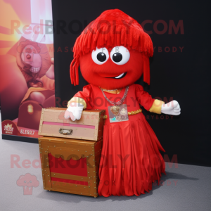 Red Treasure Chest mascot costume character dressed with a Pleated Skirt and Bracelets