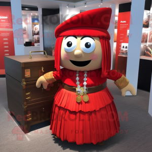 Red Treasure Chest mascot costume character dressed with a Pleated Skirt and Bracelets