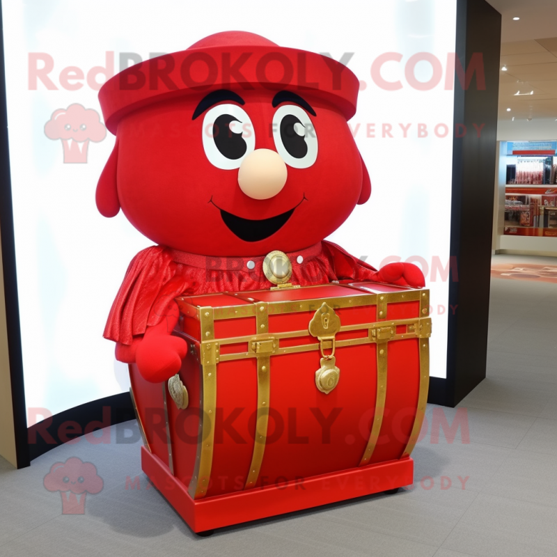 Red Treasure Chest mascot costume character dressed with a Pleated Skirt and Bracelets