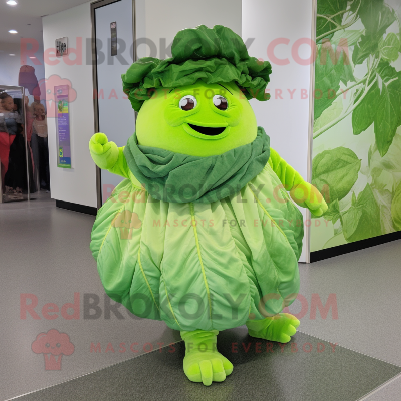 Lime Green Cabbage mascot costume character dressed with a Wrap Dress and Foot pads