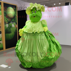 Lime Green Cabbage mascot costume character dressed with a Wrap Dress and Foot pads