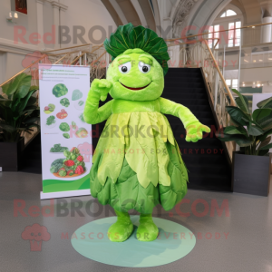 Lime Green Cabbage mascot costume character dressed with a Wrap Dress and Foot pads