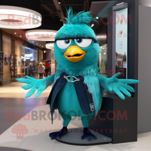 Teal Blackbird mascot costume character dressed with a Flare Jeans and Keychains